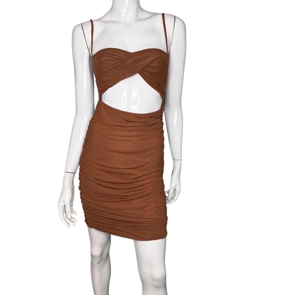 Tic Tok Brown Spaghetti Strap Ruched Cut-Out Bodycon Dress